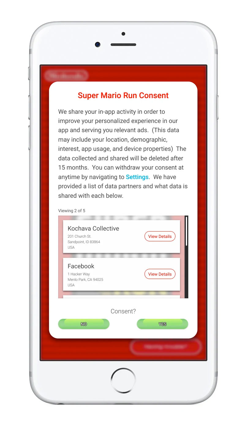 Smartphone with consent pop-up
