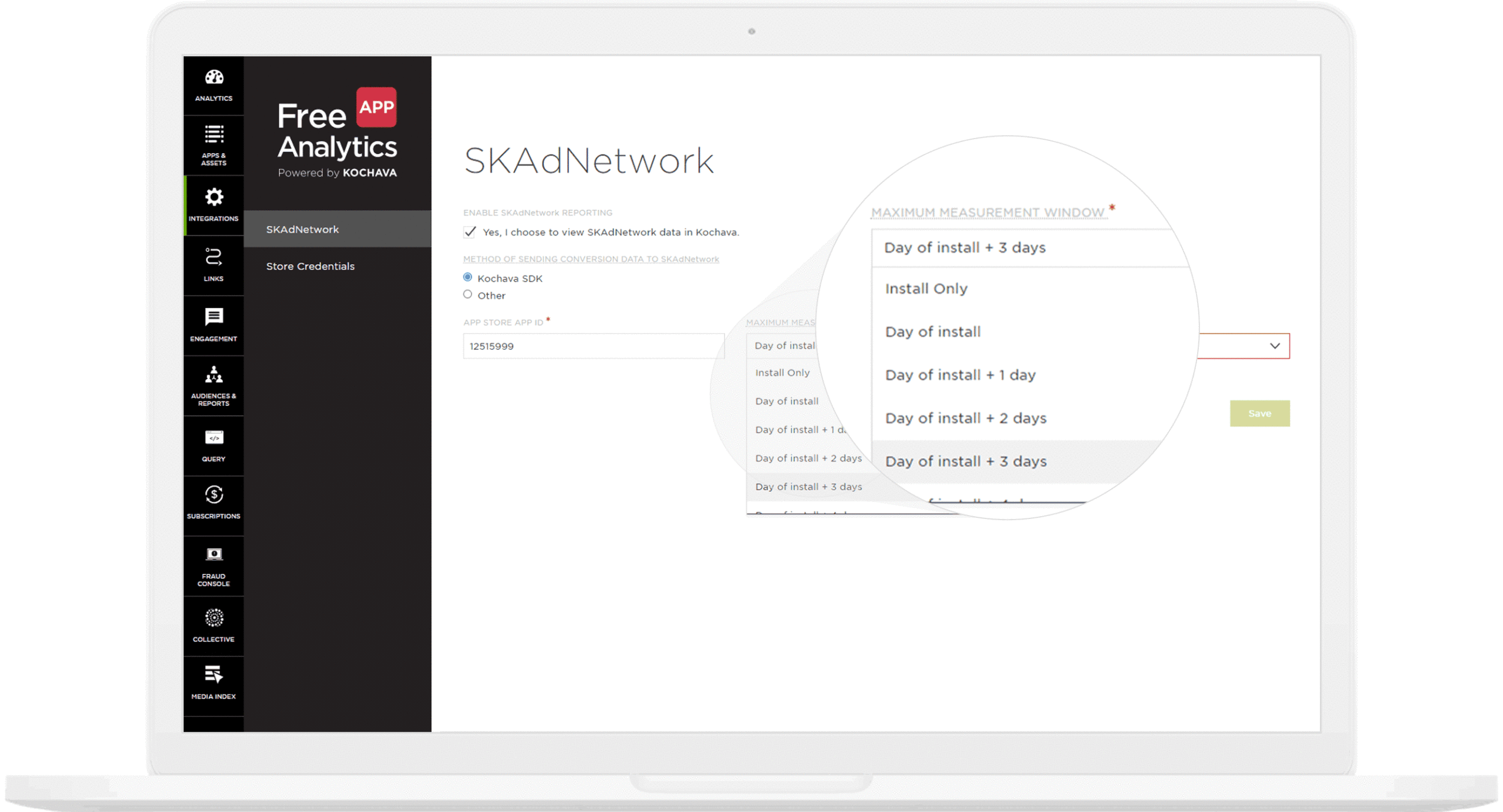 Kochava SKAdNetwork integration page on the dashboard