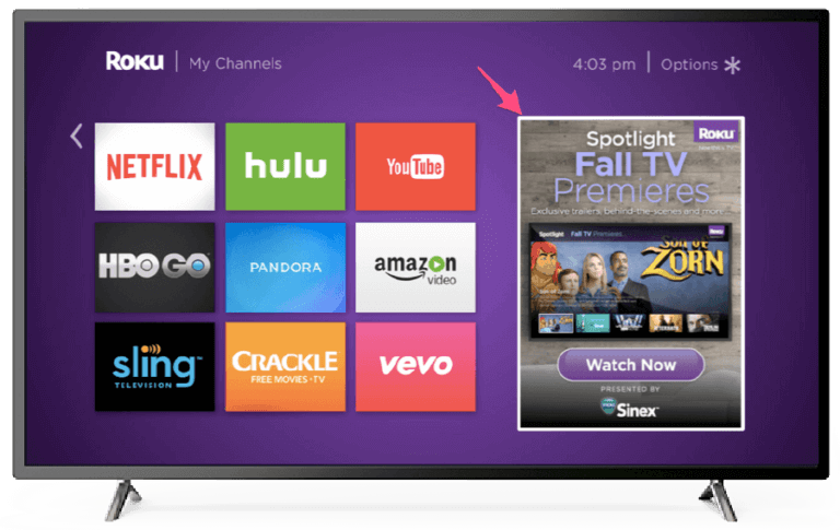 A TV displaying the Roku dashboard with an example of OTT advertising