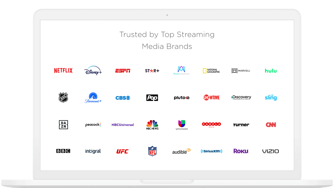 A laptop displaying the Kochava dashboard with logos of top streaming media brands.