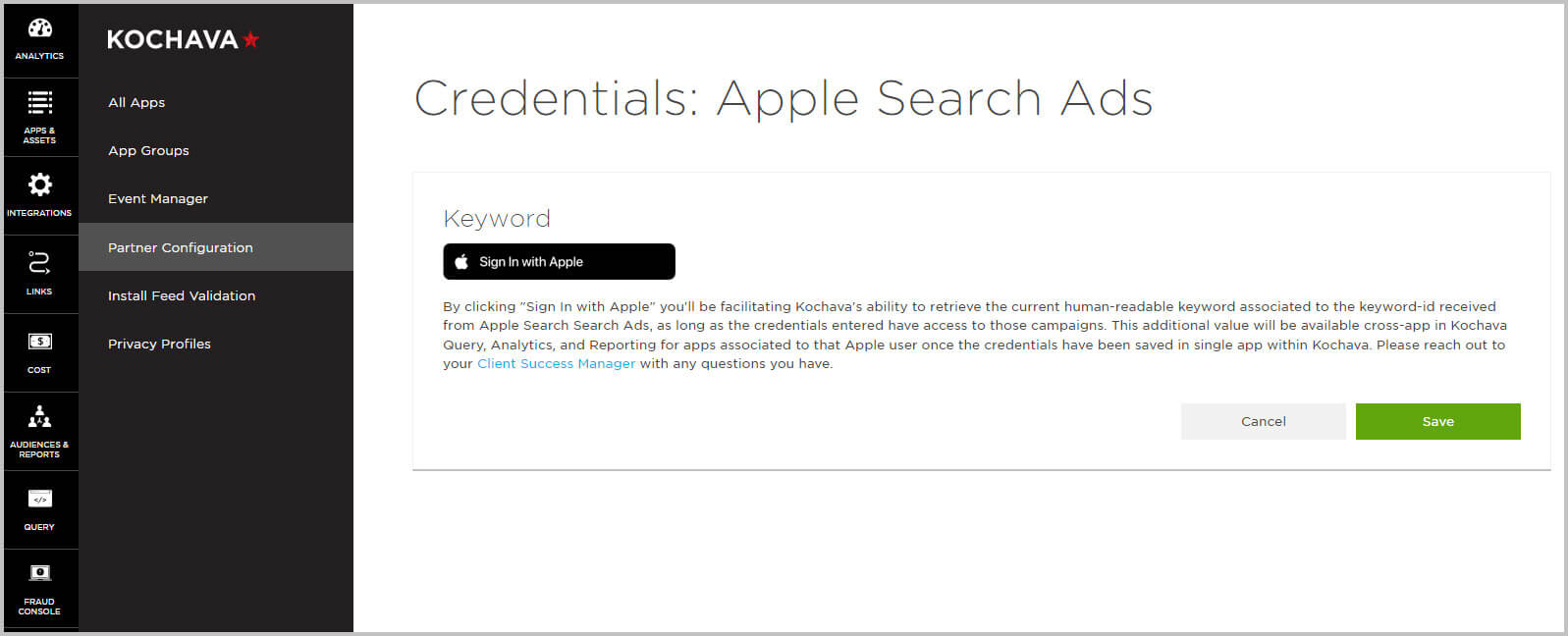 Apple Search Ads Credentials Kochava dashboard