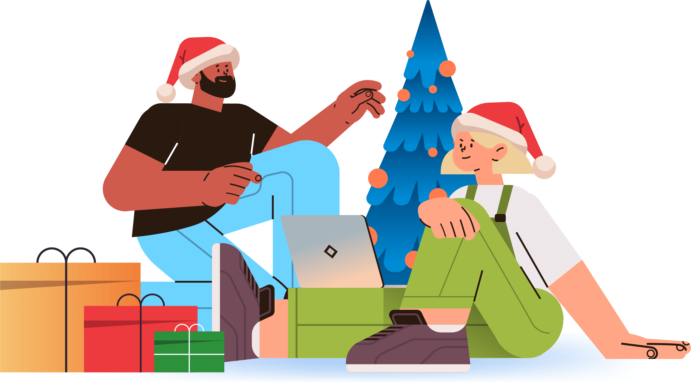 Two people under a Christmas tree with a laptop and presents